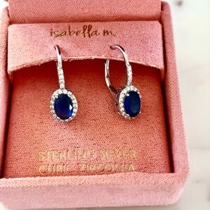 Isabella M. Sterling Silver Sapphire-Blue Cubic Zirconia Oval Halo Drop Earrings